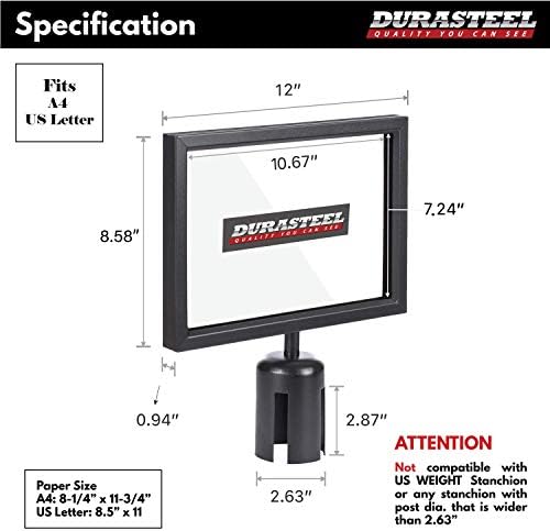 DuraSteel Stanchion Sign Holder - Landscape Display for 8.5" x 11" Paper Size - Double Sided Sign Frame with Plexiglass Cover - NOT Fit with US Weigh Sentry Stanchion - Crowd Control & Queue Barrier