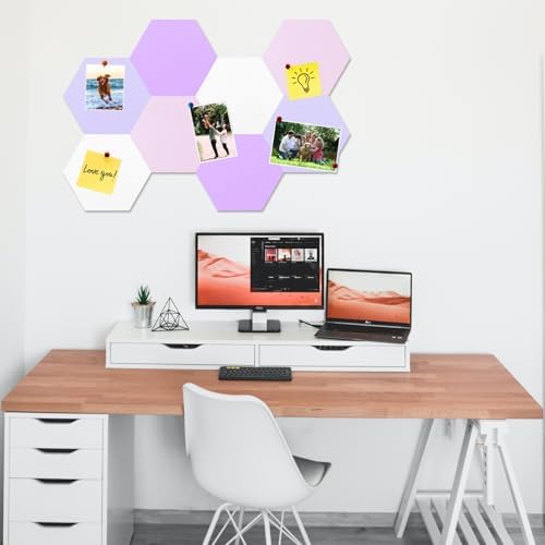 8 Pcs Hexagon Felt Cork Bulletin Board Tiles, Self Adhesive DIY Bulletin Board Pin Board for Office School Home Wall Decor Memos Photos Display(Purple & Pink)