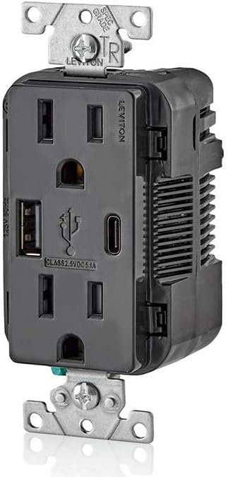 Leviton T5633-E Type A & Type-C USB in-Wall Charger with 15A Tamper-Resistant Outlet, USB Charger for Smartphones and Tablets. Not for Laptops, Black