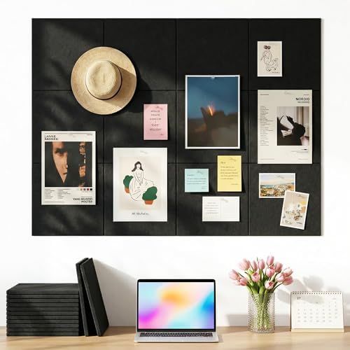 Aothia Felt Bulletin Board Tiles, 12-Pack 48"x36" Large Pin Board for Wall, Modern Cork Board Alternative for Notes, Photos, Memo & Office Organization, 70 Adhesive Tabs & 40 Push Pins, Black