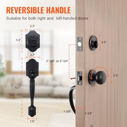 VEVOR Front Door Handle and Deadbolt Set, Front Door Lock Set with Interior Knob, Adjustable Hole Spacing Single Cylinder Handleset, for Right and Left Handed Entrance, Brushed Oil Rubbed Bronze