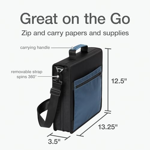 Oxford Zipper Binder with Pockets, 3 Inch Round Rings, Handle and Removable Shoulder Strap, 5-Tab Expanding File, Black & Navy (1006343)