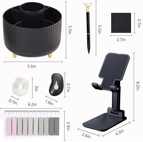 Office Supplies,Black Desk Accessories,Desk Organizer,Phone Stand,Scissors,Stapler,Tape Dispenser,Binder Clips,Staples,Staple Remover,Sticky Notes,Index Tabs,Clear Tape,Mini Box Cutter,Cool Pen.16pcs