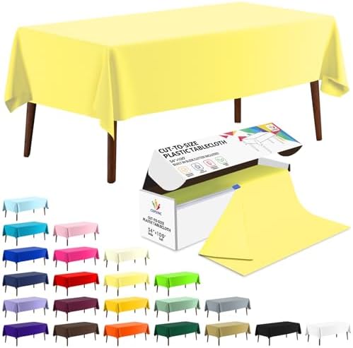 CXPSINC 54 Inch X 100 Feet Plastic Table Cover Roll Disposable Tablecloth with Slide Cutter for All Type/Shape Tables | Party, Banquet, Birthdays, Weddings(Light Yellow, 100 Feet)