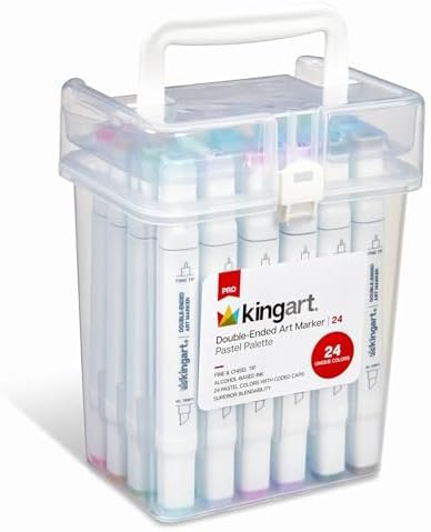 KINGART PRO Double-Ended Alcohol Ink Art Markers, 24 PASTEL Colors, Fine Point & Chisel Tips, Permanent with Superior Blendability, Includes Plastic Case, 24 Pc.