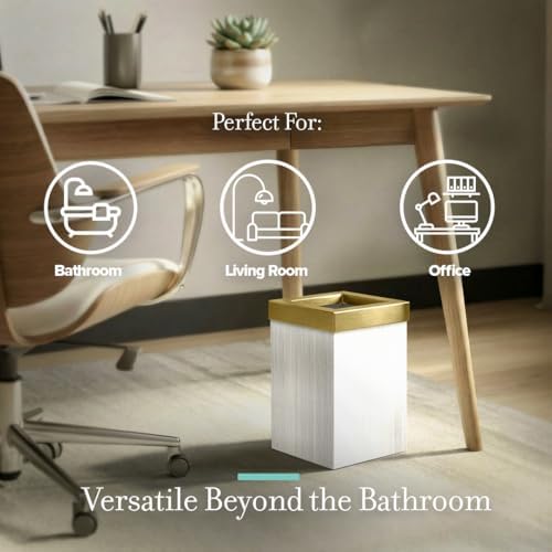 Gatco Small Bathroom Trash Can with Lid, Square 3 Gallon Wastebasket, Under Sink, White Oak with Brushed Brass, for Bathroom, Bedroom, Office (1936B)