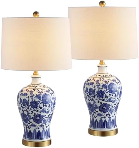 JONATHAN Y Jennifer 25.75" Ginger Jar LED Lamp, Blue/White, Set of 2
