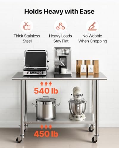 VEVOR Stainless Steel Work Table, 24x48 inch Food Prep Table with Wheels and Backsplash, Commercial Kitchen Workstation with Adjustable Undershelf, Metal Utility Worktable, for Restaurant Home Outdoor