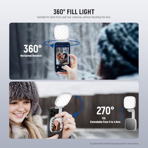 NEEWER Basics Magnetic Selfie Light Compatible with MagSafe iPhone, 2W CRI95+ Bi Color Swivel Small LED Phone Fill Lighting, 680lx/0.3m, Mirror for Vlog Recording Makeup Video Conference, NL45B White