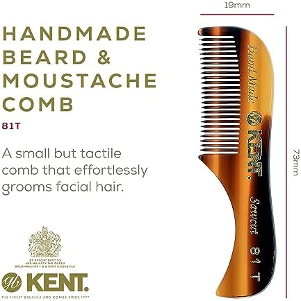 Kent A 81T X-Small Gentleman's Beard and Mustache Pocket Comb, Fine Toothed Pocket Size for Facial Hair Grooming and Styling. Saw-cut of Quality Cellulose Acetate, Hand Polished. Hand-Made in England