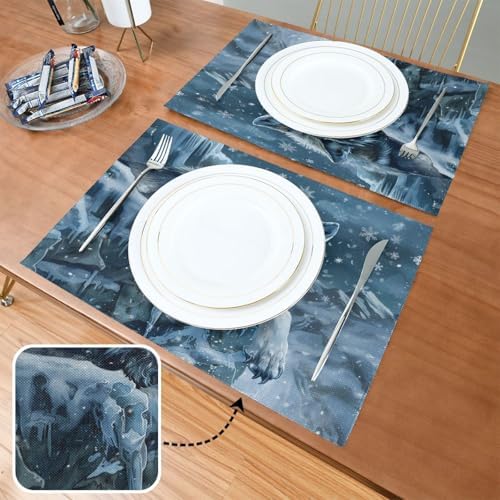 ALAZA Wolf Snow Winter Set of 4 Placemats Rectangle Table Mat for Dining Table Restaurant Kitchen Home Decor, 12" x 18"