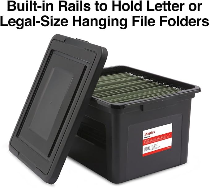 Staples Plastic File Box with Snap Lid, Letter/Legal Size, Black, 4/Carton | Stackable storage box keeps hanging files organized and protected.