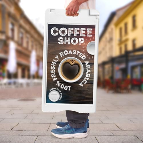 Jumbl A-Frame Signboard 15.7” x 26” Display Surface – Small Outdoor Sandwich Board w/Weather Resistant PVC Sign Protector & Sand Fill Holes – Dual Signage Stand for Storefront Sidewalk Curb (White)