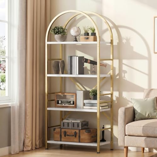 Shintenchi Arched Bookshelf, 4 Tier Bookcase, Tall Storage Shelf, Golden