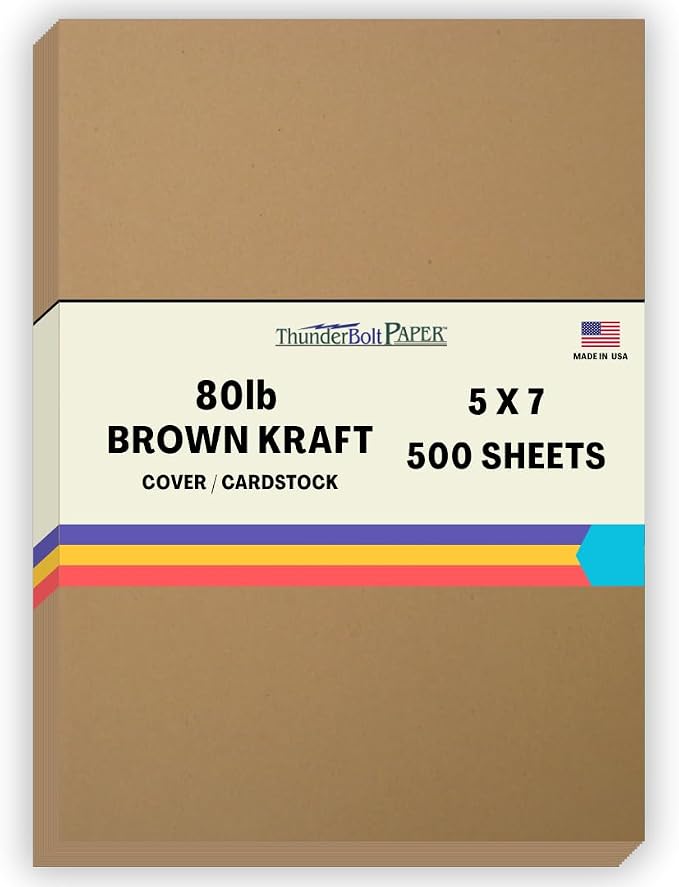 500 Brown Kraft Fiber 80# Cover Paper Sheets - 5 X 7 Inches Photo|Card|Frame Size - Rich Earthy Color with Natural Fibers - 80lb/Pound Cardstock - Smooth Finish