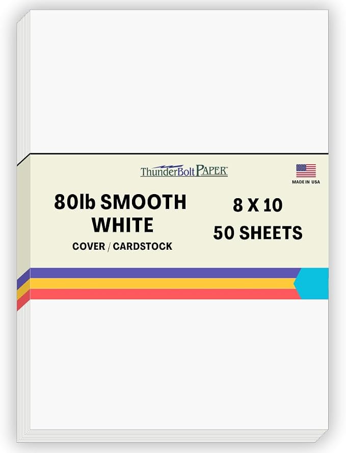 50 Bright White Smooth Card Paper Sheets - 8" X 10" (8X10 Inches) Photo|Picture-Frame Size - 80# (80 lb/Pound) Cover Weight - Quality Paper for Consistency in Print as a Result of The Smooth Finish