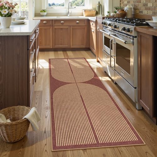 Lahome Modern Rainbow Easy Jute 2x6 Runner Rug, Red Kitchen Runner