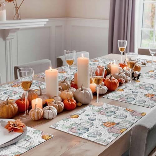 Watercolor Fall Pumpkins Thanksgiving Placemats Set of 6, Harvest Farm Grey Vintage Wood Cotton Linen Stain Resistant Table Mats Washable Placemat Decoration For Kitchen Dining Table