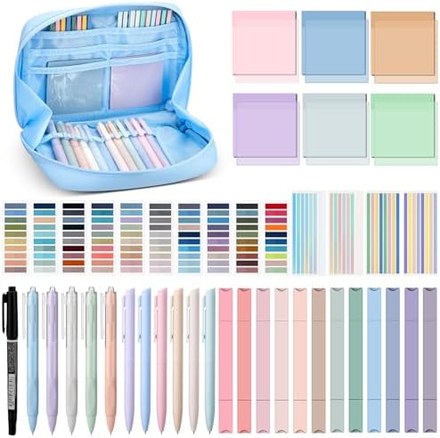 Trandraft 135 Pcs Book Annotation Kit with Pencil Case, 12 Pastel Highlighters, 11 Gel Pens, Fine Marker, 300 Transparent Sticky Notes, 2640 Index Tabs, Bible Study Supplies Kit(Kawaii,Blue)