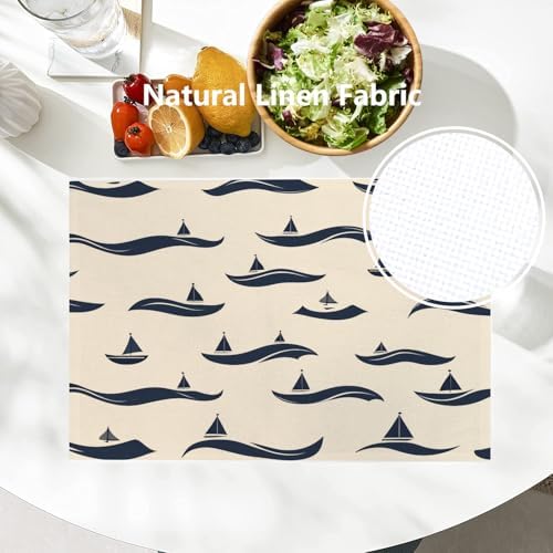 Batmerry Maritime Ocean Linen Placemats Set of 4, Nautical Sailing Washable Table Mats for Kitchen Table Thickened Heat Insulation Dining Set Indoor Outdoor 12X18 in
