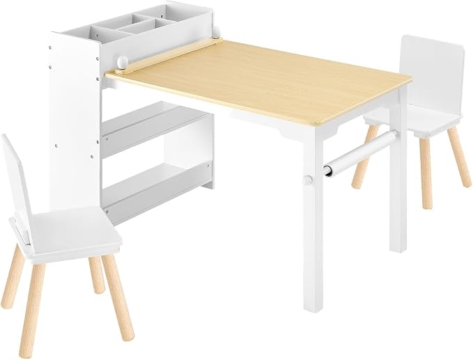 VEVOR Kids Art Table and Chair Set, Toddler Activity Table with Storage, Wood Kids Craft Desk with Paper Roll for Drawing, Reading, Writing, Kid Play Table for Nursery, Playroom, Classroom, White