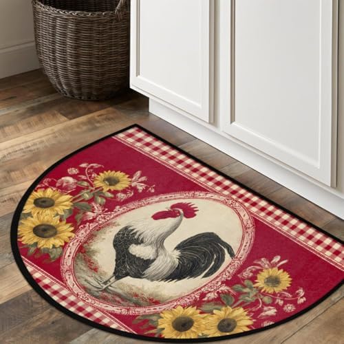 Rooster Sunflower Red Half Round Door Mat, Non-Slip Welcome Indoor Entrance Way Rug Semi Circle Front Doormats Washable Bathroom Kitchen Floor Mat, Outdoor Rugs for Garage, Patio, Hearth Rug,A-01