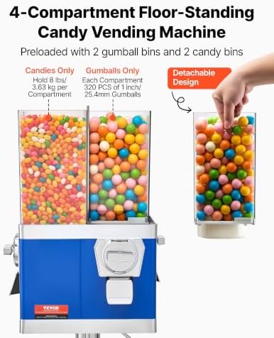 VEVOR Commercial Vending Machine, Four Compartment Rotatable Gumball and Candy Dispenser, Adjustable Height Coin Operated Candy Bank with Iron Stand, for Business Toy Capsules Bouncy Balls Nut, Blue