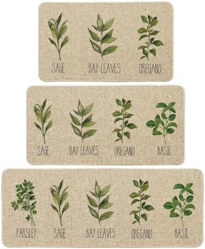 Artoid Mode Parsley Sage Oregano Basil Bay Leaves Kitchen Mats Set of 3, Seasonal Holiday Party Low-Profile Floor Mat for Home Kitchen - 17"x29"+17"x36"+17"x47"
