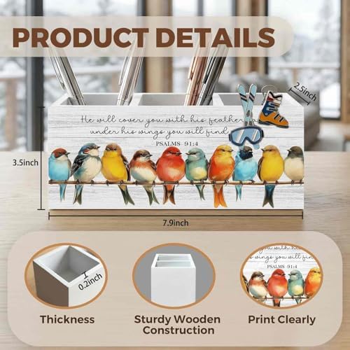 Christian Bird Pencil Pen Holder for Desk Organizer, Christian Gifts for Women Men, Religious Bible Verse Wooden Box Decorations for Home Office Bedroom Desk Tabletop Decor