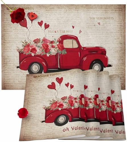 Valentines Day Placemats Set of 6, Red Truckload of Love Rustic Farmhouse Cotton Line Fabric Heat Resistant Table Mats Non-Slip Washable Mats Decoration for Home Kitchen Dining Wedding Holiday Party