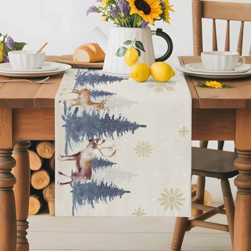 Christmas Table Runner Dresser Scarf 13 x 108 Inch Vintage PineTree Forest Elk Glod Snowflakes Linen Table Runners Non-Slip Heat Resistant Kitchen Dining Table Decor for Home Holidays Indoor Outdoor