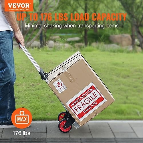 VEVOR Folding Hand Truck, 80 kg Load Capacity, Aluminum Portable Cart, Convertible Hand Truck and Dolly with Telescoping Handle and Rubber Wheels, Ultra Lightweight Super Strong for Moving Warehouse