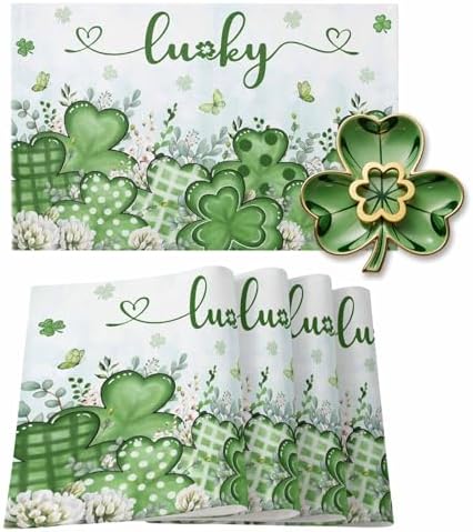 St. Patrick's Day Placemats Set of 6, Lucky Clovers Place Mats Washable Dining Table Mats Spring Holiday Party Decor for Kitchen&Linens Outdoor Indoor, Blue Green Shamrock Leaves