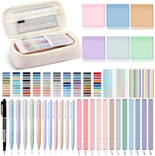 135 Pcs Book Annotation Kit with Pencil Case, 12 Pastel Highlighters, 11 Gel Pens, Fine Marker, 300 Transparent Sticky Notes, 2640 Index Tabs, Bible Study Supplies Kit(Classic,Pink)