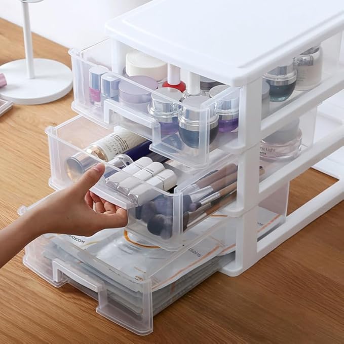 3-Layer Plastic Drawer Storage Box 11.81X9.44X6.69 Inch Portable Desktop Organizer Cabinet for Office Study Sundries Holder
