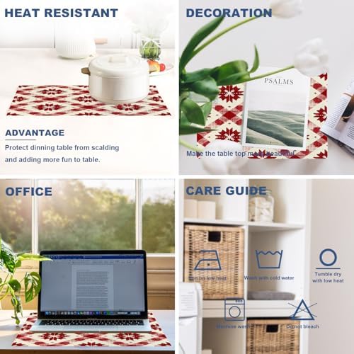 Batmerry Buffalo Check Snowflakes Linen Placemats Set of 4, Christmas Red Ivory Pattern Washable Table Mats for Kitchen Table Thickened Heat Insulation Dining Set Indoor Outdoor 12X18 in