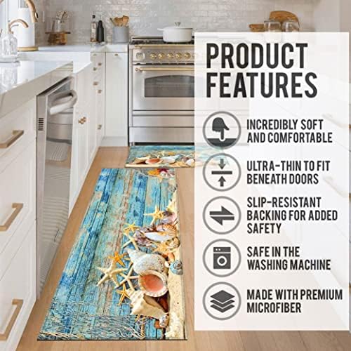 Beach and Nautical Kitchen Rugs for Floor 2 Piece Set, Wood Grain Ocean Coastal Beach Kitchen Rug, Nautical Kitchen Mat in Front of Sink for Standing for Kitchen Decor 17"X30"+17"X47"