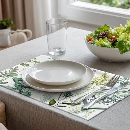 Batmerry Summer Green Sage Linen Placemats Set of 8, Vintage Plant Leaves Elegant Blue Wild Flowers Washable Table Mats for Kitchen Table Thickened Heat Insulation Dining Set Indoor Outdoor 12X18 in