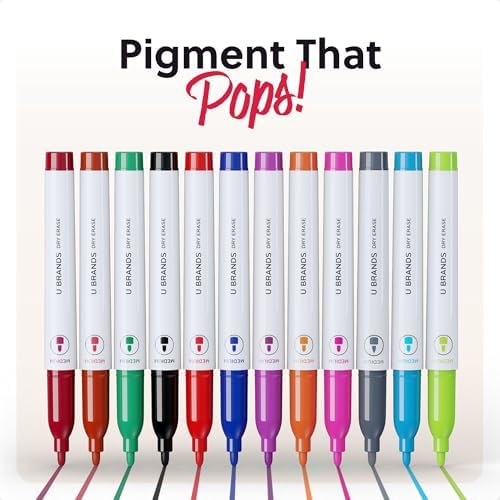 U Brands Dry Erase Markers Medium Tip Set, 12 Pack, Assorted Colors, Whiteboard Pens with Medium Point and Built In Eraser Caps, Low Odor Ink, Dry Erase Markers For Classroom, Office, Or Home