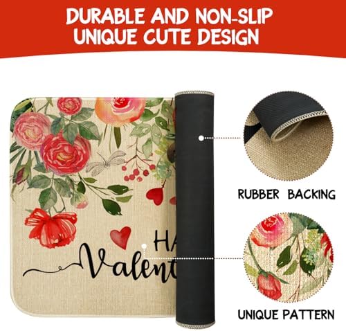 Valentines Day Kitchen Mat Set 2 Piece,Floral Love Hearts Red Rose Flowers Decorative Kitchen Rugs,Valentine's Day Low-Profile Mats for Home Kitchen Decor 17"x48"+17"x30"