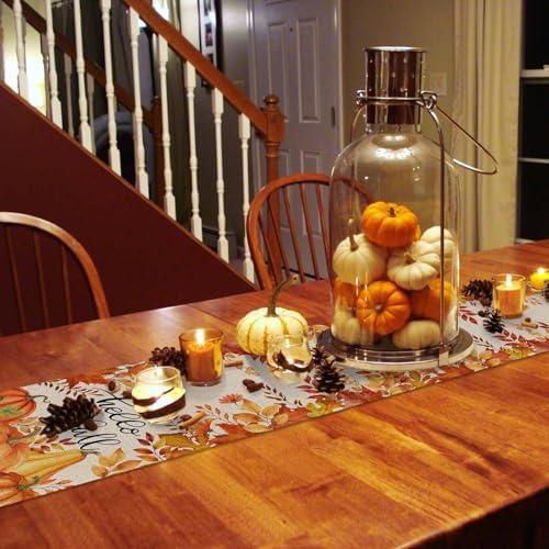 Fall Pumpkin Table Runner Dresser Scarf 13 x 60 Inch Harvest Orange Maple Leaves Table Runners Non-Slip Heat Resistant Kitchen Dining Table Decor for Autumn Thanksgiving Holidays Indoor Outdoor