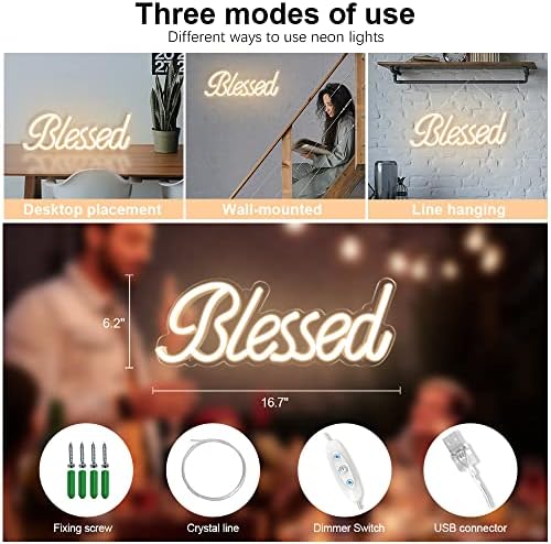 Blessed Neon Sign for Wall Decor 17x7 Inches - Blessed Led Light Up Sign 5V USB Powered with Dimmer,Led Neon Light Warm White Decor for Bedroom, Office, Home Room,Wedding Gifts