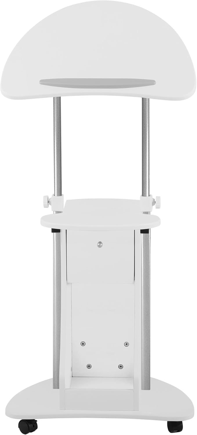 Techni Mobili Adjustable Height Rolling Laptop Cart with Storage, White | Adjustable Height Rolling Laptop Cart with Tilting Top, Storage Shelf, Locking Wheels, Sit to Stand Desk, Mobile Podium,White
