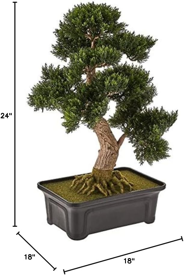Nearly Natural 4103 24in. Cedar Bonsai Silk Plant,Green | Exposed-Root System, Artfully Trimmed Bonsai Replica, Rectangular Shaped Planter, Maintenance-Free Office Accent