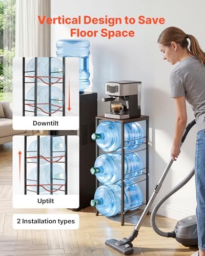 VEVOR 5 Gallon Water Jug Holder for 3 Bottles, 4-Tier 3 or 5 Gallon Water Bottle Holder with Top Shelf, Handle, Heavy Duty Jug Rack Organizer, Detachable for Kitchen, Home, Office, Black+Brown