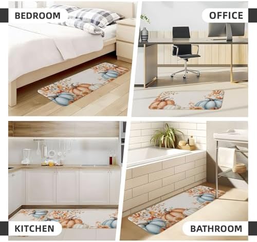 Watercolor Pumpkin Kitchen Floor Mat Set of 2, Non Slip Rugs Absorbent Mats for Floor Countertop Office Home, Blue and Green Indoor Outdoor Decor Doormat 17" x 29.5" + 17" x 47"