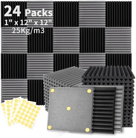 Focusound 24 Pack Black Grey Acoustic Foam Panels 1" x 12" x 12" Sound Proof Foam Panles Soundproofing Noise Cancelling Wedge Panels for Home Office Recoding Studio with 240PCS Double-Side Adhesive
