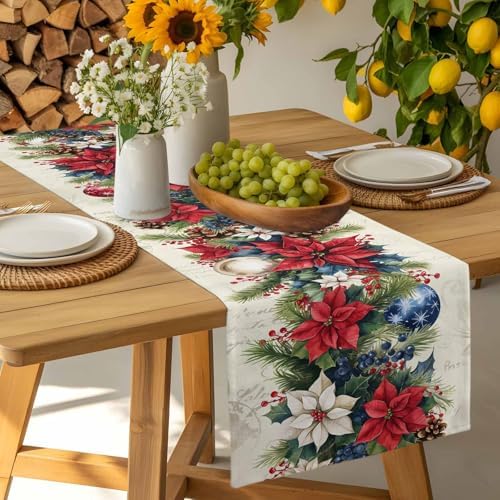 Christmas Poinsettia Table Runner Dresser Scarf 13 x 72 Inch Red Flower Holly Berries Xmas Ball Beige Table Runners Non-Slip Heat Resistant Kitchen Dining Table Decor for Home Holidays Indoor Outdoor
