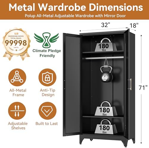Polup Metal Armoire Wardrobe Closet with Mirror, Clothing Storage Cabinet