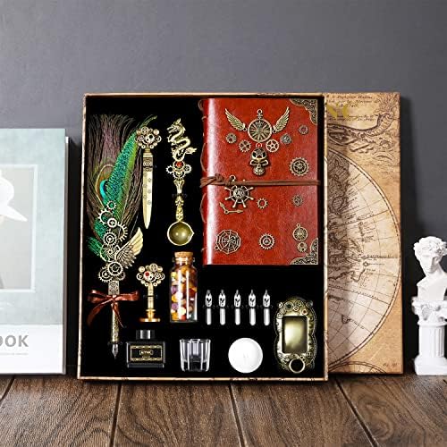 Quill Pen and Ink Set, With Notebook Wax Seal Stamp Kit, Calligraphy Set for Writing Lovers, Valentine's Day and Birthday Gifts, Ideal for Holidays(Peacock Feather)
